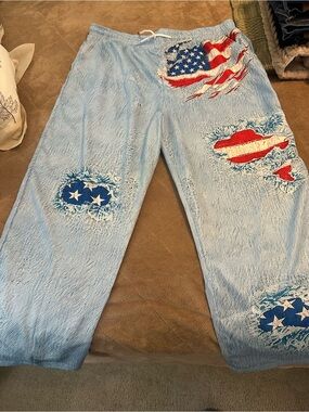 Light Blue women’s lounge pants with American Flag Patchwork